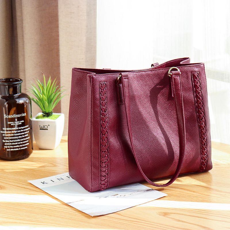 Bolso Casual De Tejido Multibolsillos Para Mujer Bolso Bandolera De Compras Sólido