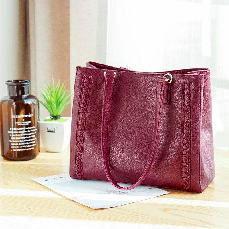 Bolso Casual De Tejido Multibolsillos Para Mujer Bolso Bandolera De Compras Sólido