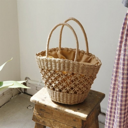 Bolso Cilíndrico De Cuerda De Papel Hecho A Mano Retro Hueco De Paja Para Mujer Bolso De Playa Bolso