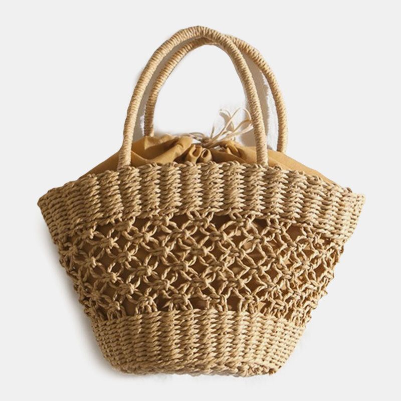 Bolso Cilíndrico De Cuerda De Papel Hecho A Mano Retro Hueco De Paja Para Mujer Bolso De Playa Bolso