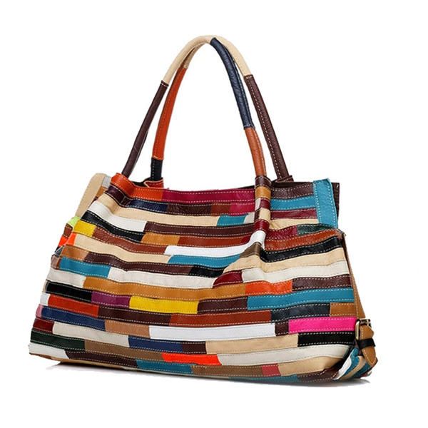 Bolso Colorido De Piel De Vaca De Patchwork Informal Para Mujer