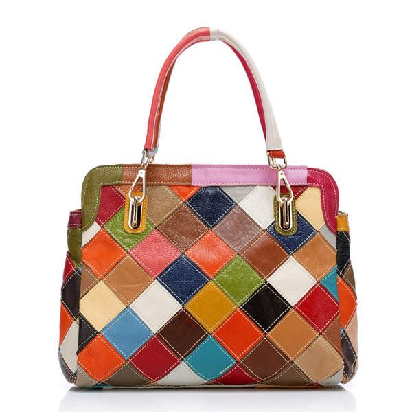 Bolso Colorido De Piel De Vaca Patchwork Para Mujer