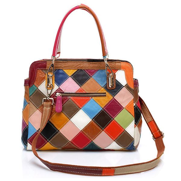 Bolso Colorido De Piel De Vaca Patchwork Para Mujer