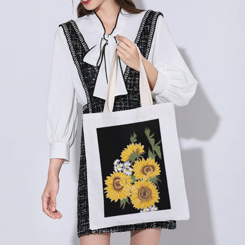 Bolso De Compras Con Diseño De Girasol De Lona Blanca Para Mujer Bolso De Mano Bolso De Hombro