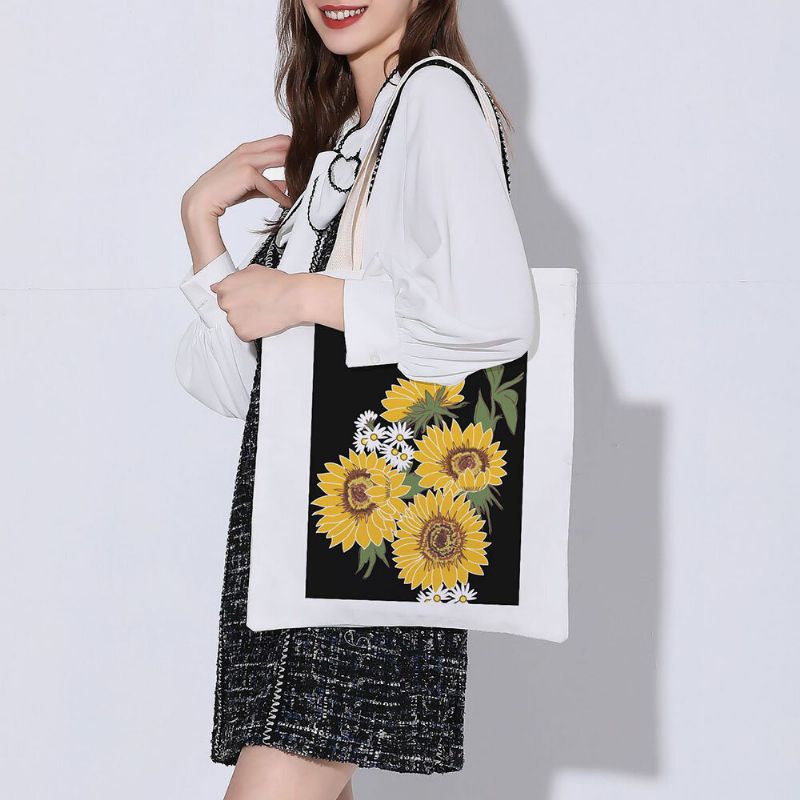 Bolso De Compras Con Diseño De Girasol De Lona Blanca Para Mujer Bolso De Mano Bolso De Hombro