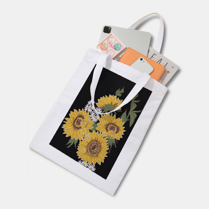 Bolso De Compras Con Diseño De Girasol De Lona Blanca Para Mujer Bolso De Mano Bolso De Hombro