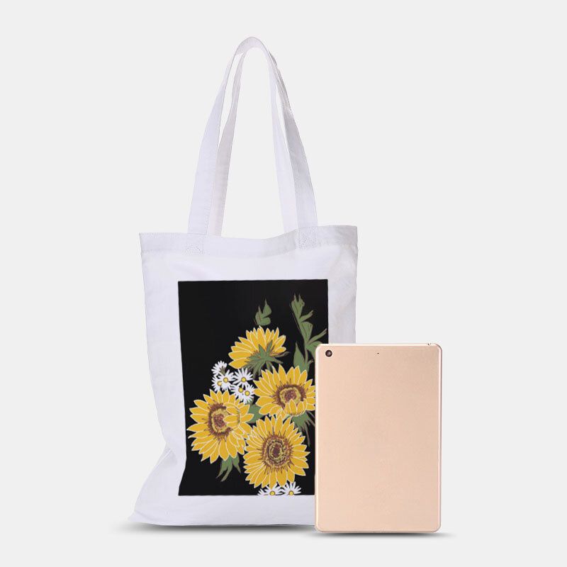 Bolso De Compras Con Diseño De Girasol De Lona Blanca Para Mujer Bolso De Mano Bolso De Hombro