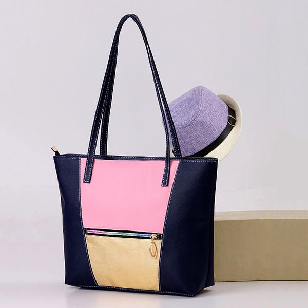 Bolso De Hombro De Bloque De Color De Gran Capacidad De Cuero Pu Para Mujer