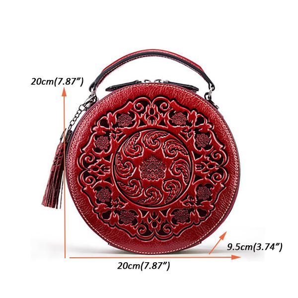 Bolso De Hombro Con Cilindro En Relieve De Estilo Chino De Cuero Genuino Para Mujer