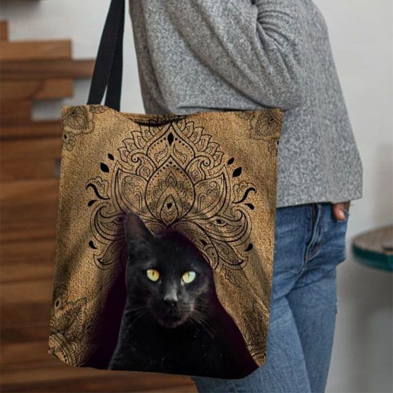 Bolso De Hombro Con Diseño De Gato Negro Lindo De Lona Para Mujer