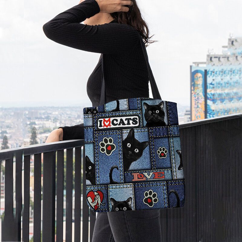 Bolso De Hombro Con Patrón De Marco De Celosía De Gato Negro De Dibujos Animados De Fieltro Para Mujer