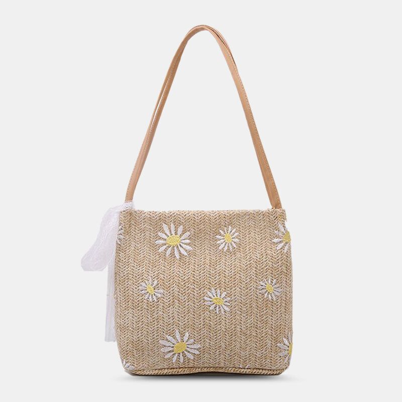 Bolso De Hombro De Gran Capacidad Con Estampado De Girasol Y Margarita De Encaje De Paja Para Mujer