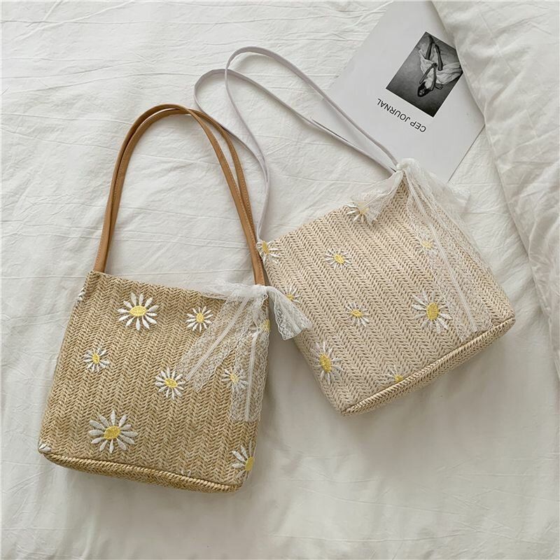 Bolso De Hombro De Gran Capacidad Con Estampado De Girasol Y Margarita De Encaje De Paja Para Mujer