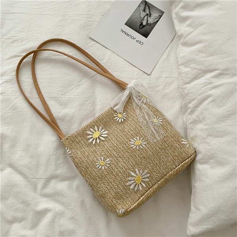 Bolso De Hombro De Gran Capacidad Con Estampado De Girasol Y Margarita De Encaje De Paja Para Mujer