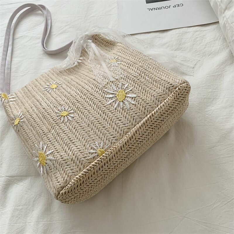 Bolso De Hombro De Gran Capacidad Con Estampado De Girasol Y Margarita De Encaje De Paja Para Mujer