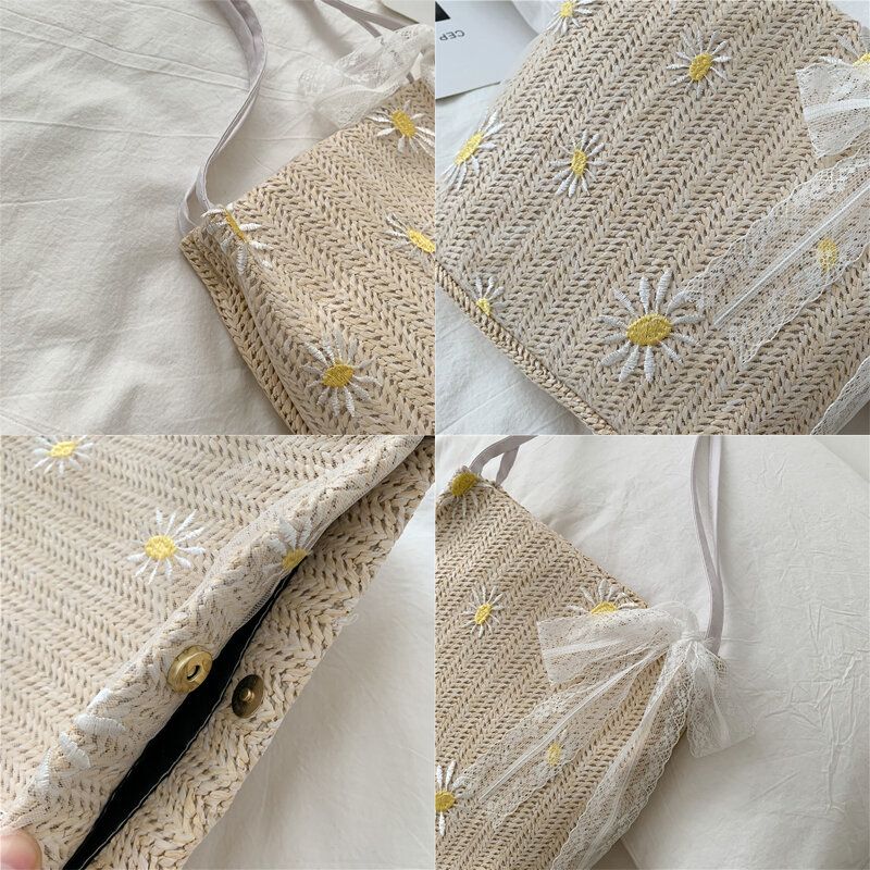 Bolso De Hombro De Gran Capacidad Con Estampado De Girasol Y Margarita De Encaje De Paja Para Mujer