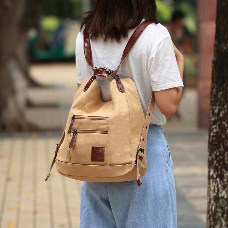 Bolso De Hombro De Lona Informal Con Múltiples Cargas Para Mujer Mochila Con Bandolera