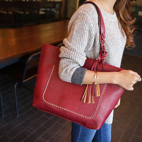 Bolso De Mano Con Borla De Piel Sintética Sólida Para Mujer De Gran Capacidad