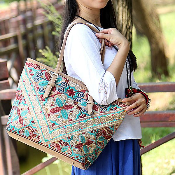 Bolso De Mano Con Estampado Floral De Emossed Nacional Para Mujer Bolso De Compras Con Geometría Vintage