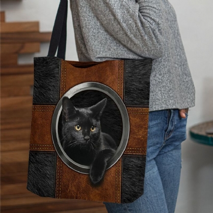 Bolso De Mano Con Estampado De Gato Negro De Dibujos Animados Lindo De Lona Para Mujer