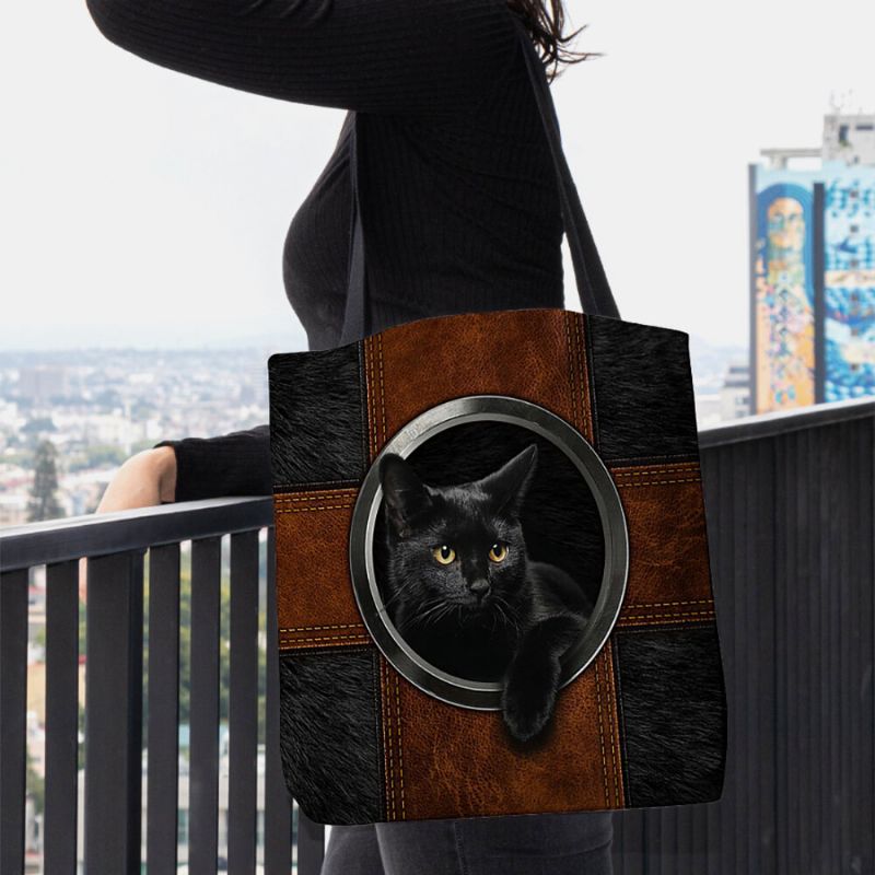 Bolso De Mano Con Estampado De Gato Negro De Dibujos Animados Lindo De Lona Para Mujer