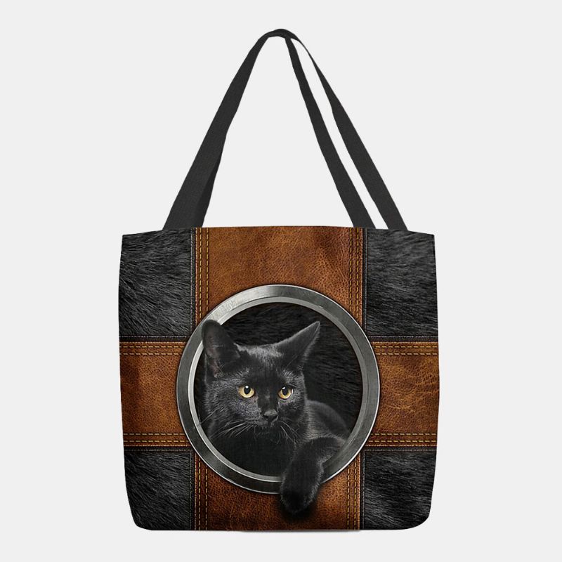 Bolso De Mano Con Estampado De Gato Negro De Dibujos Animados Lindo De Lona Para Mujer