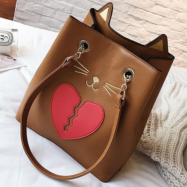 Bolso De Mano Con Forma De Gato De Cuero Pu Para Mujer Bolso De Hombro De Gatito Roto Con El Corazón