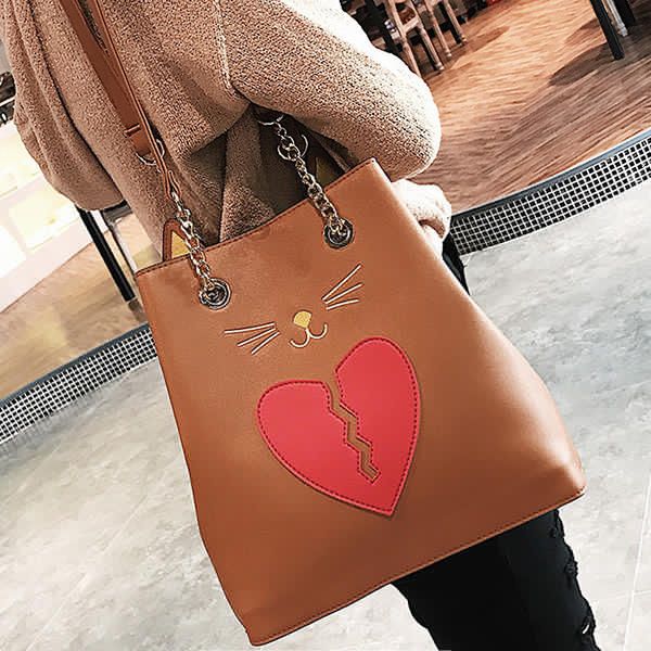 Bolso De Mano Con Forma De Gato De Cuero Pu Para Mujer Bolso De Hombro De Gatito Roto Con El Corazón