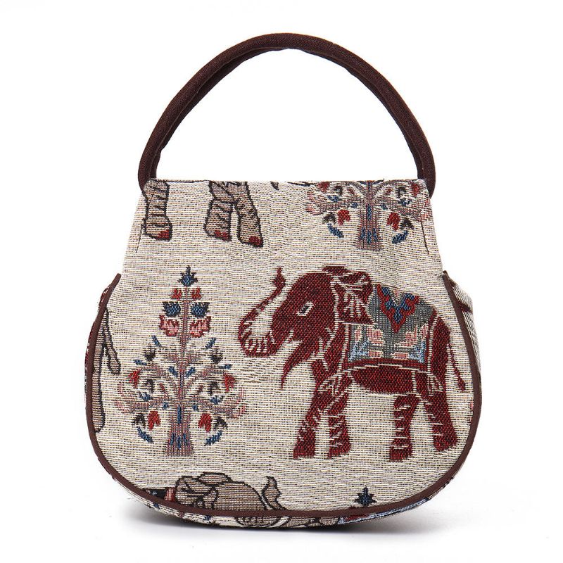 Bolso De Mano De Doble Cremallera Con Estampado De Elefante De Lino Étnico Para Mujer