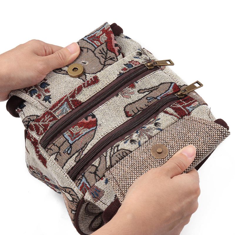 Bolso De Mano De Doble Cremallera Con Estampado De Elefante De Lino Étnico Para Mujer