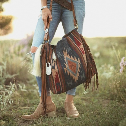 Bolso De Mano De Gran Capacidad Con Patrón De Geometría Vintage De Fieltro Para Mujer Con Borla