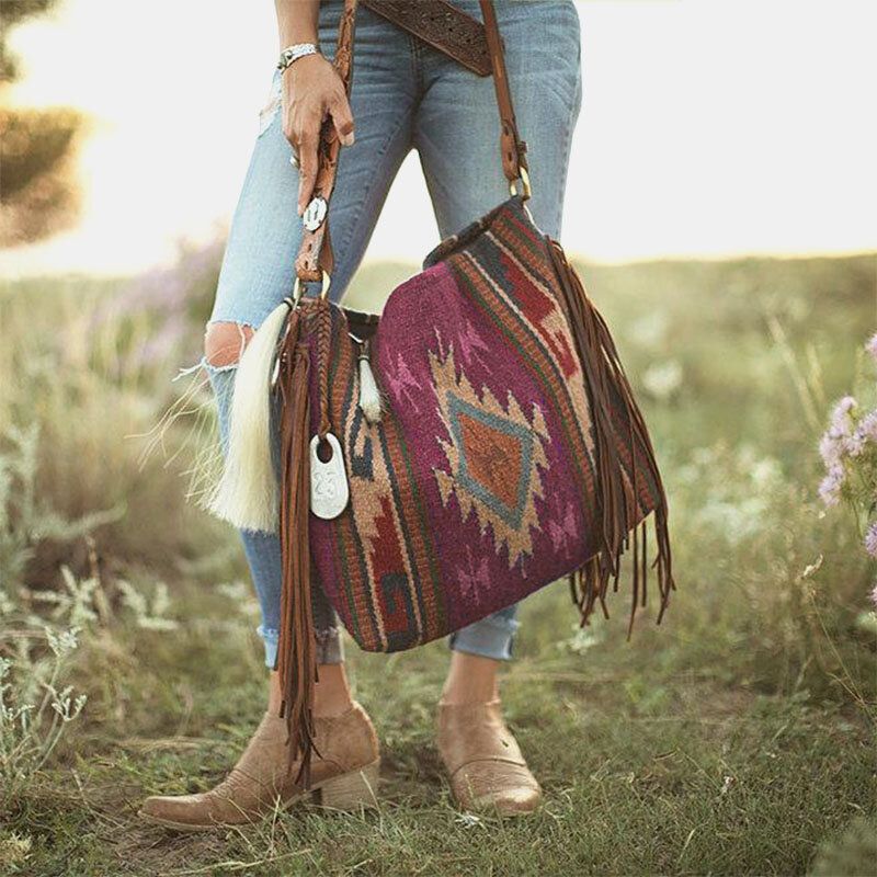 Bolso De Mano De Gran Capacidad Con Patrón De Geometría Vintage De Fieltro Para Mujer Con Borla