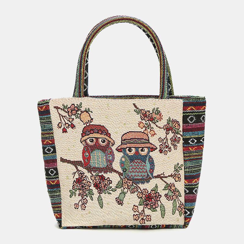 Bolso De Mano De Gran Capacidad Retro Con Estampado Floral De Búho De Colores Para Mujer