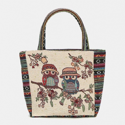 Bolso De Mano De Gran Capacidad Retro Con Estampado Floral De Búho De Colores Para Mujer