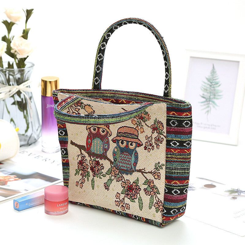 Bolso De Mano De Gran Capacidad Retro Con Estampado Floral De Búho De Colores Para Mujer