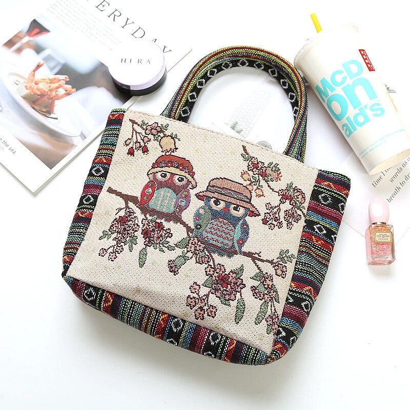 Bolso De Mano De Gran Capacidad Retro Con Estampado Floral De Búho De Colores Para Mujer