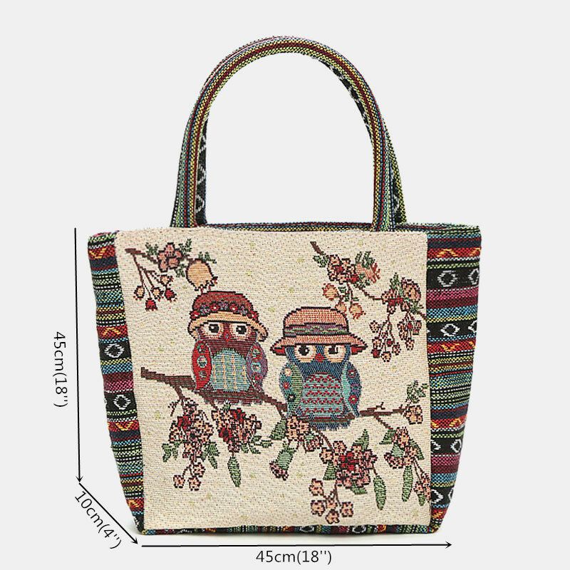 Bolso De Mano De Gran Capacidad Retro Con Estampado Floral De Búho De Colores Para Mujer