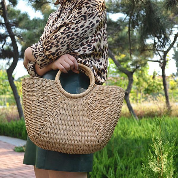 Bolso De Paja Informal Para Mujer Bolso De Playa Con Pelota De Felpa Tejida Para Mujer