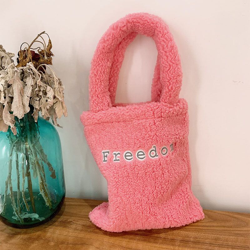 Bolso Pequeño Suave De Color Sólido Con Estampado De Letras De Lana De Cordero Para Mujer