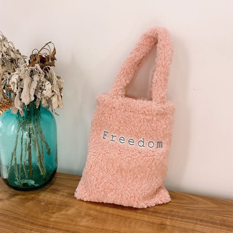 Bolso Pequeño Suave De Color Sólido Con Estampado De Letras De Lana De Cordero Para Mujer