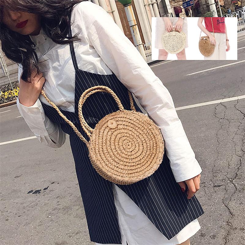 Bolso Redondo De Paja Beige Blanco Mujer Círculo De Ratán Bolso De Hombro Tejido A Mano Bolso Bandolera