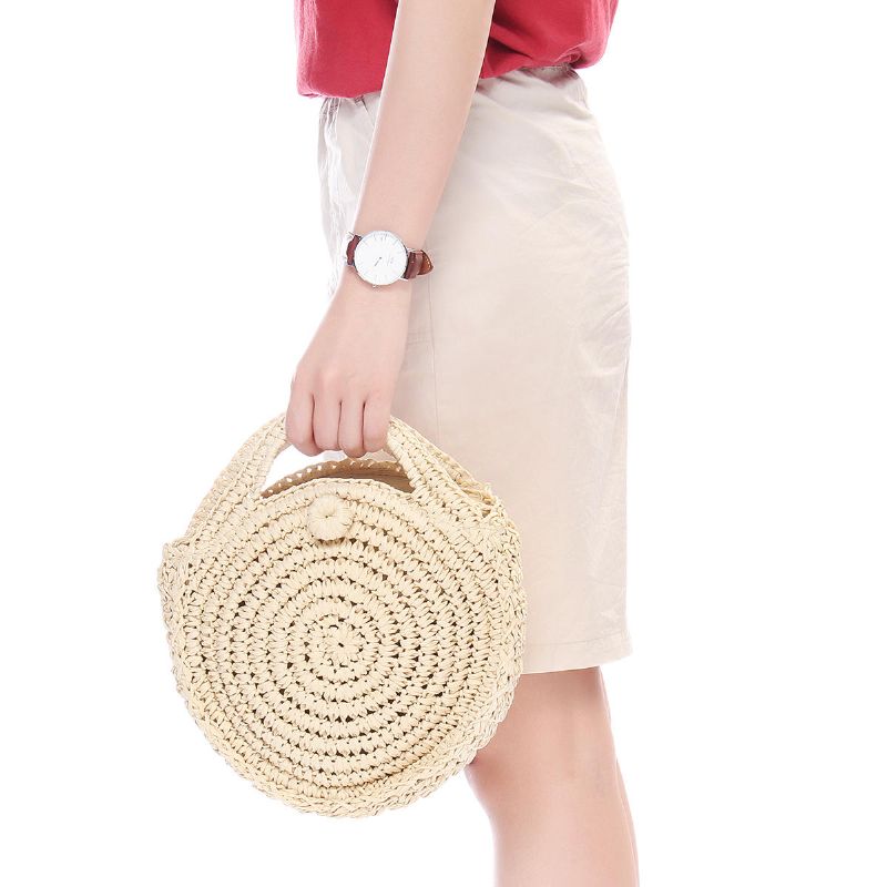 Bolso Redondo De Paja Beige Blanco Mujer Círculo De Ratán Bolso De Hombro Tejido A Mano Bolso Bandolera