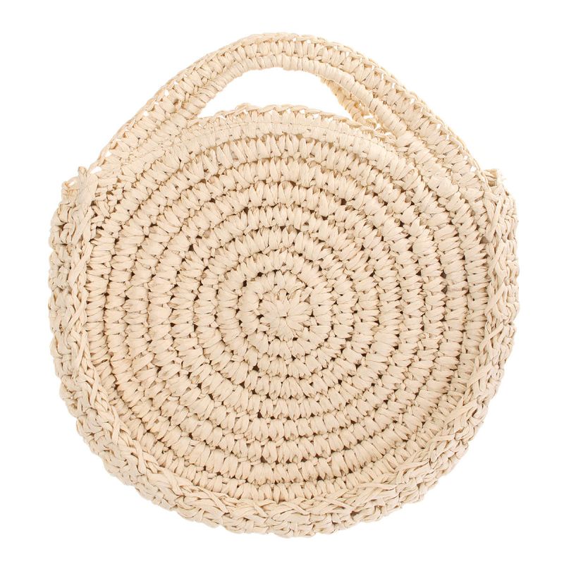 Bolso Redondo De Paja Beige Blanco Mujer Círculo De Ratán Bolso De Hombro Tejido A Mano Bolso Bandolera