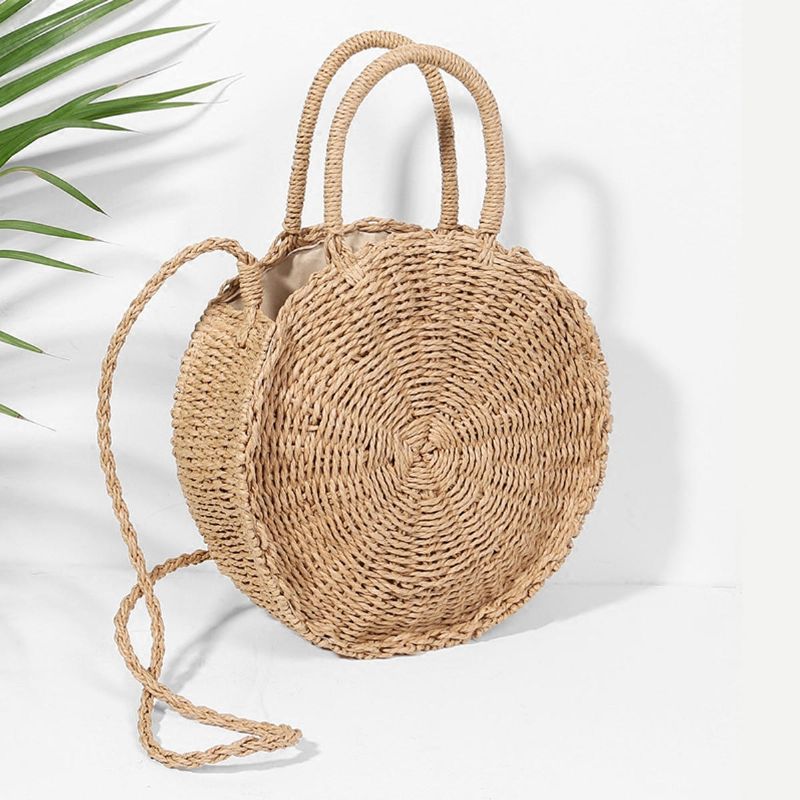 Bolso Tejido A Mano Para Mujer Redondo De Paja De Ratán Estilo Bohemio Bolsos De Playa De Círculo De Playa