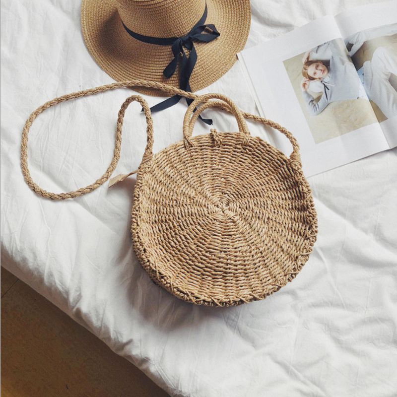 Bolso Tejido A Mano Para Mujer Redondo De Paja De Ratán Estilo Bohemio Bolsos De Playa De Círculo De Playa