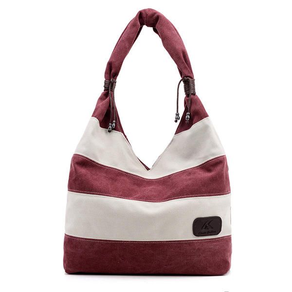 Bolsos Casuales De Lona A Rayas Para Mujer Bolsos De Hombro Con Capacidad Color De Contraste