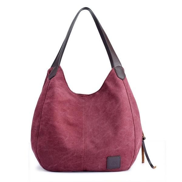 Lona De Calidad Para Mujer Tres Capas De Gran Capacidad Informal Bolso De Hombro Vintage