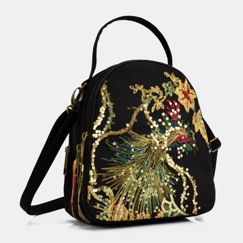 Lona De Mujer Bordado De Estilo Étnico Patrón De Pavo Real Lentejuelas Mini Bolso De Transporte Múltiple Bolso Bandolera