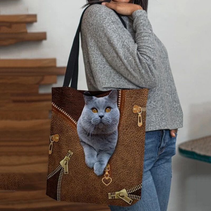 Lona De Mujer Lindo 3d Patrón De Gato De Dibujos Animados Tridihombreional Casual Bolso De Hombro Bolso De Mano