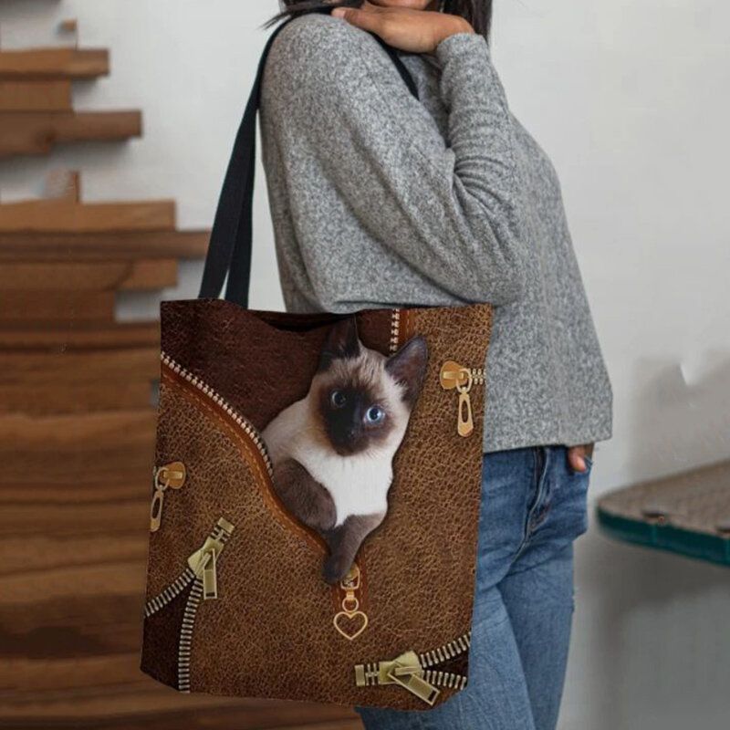 Lona De Mujer Lindo 3d Patrón De Gato Tridihombreional Bolso De Hombro Informal Bolso De Mano